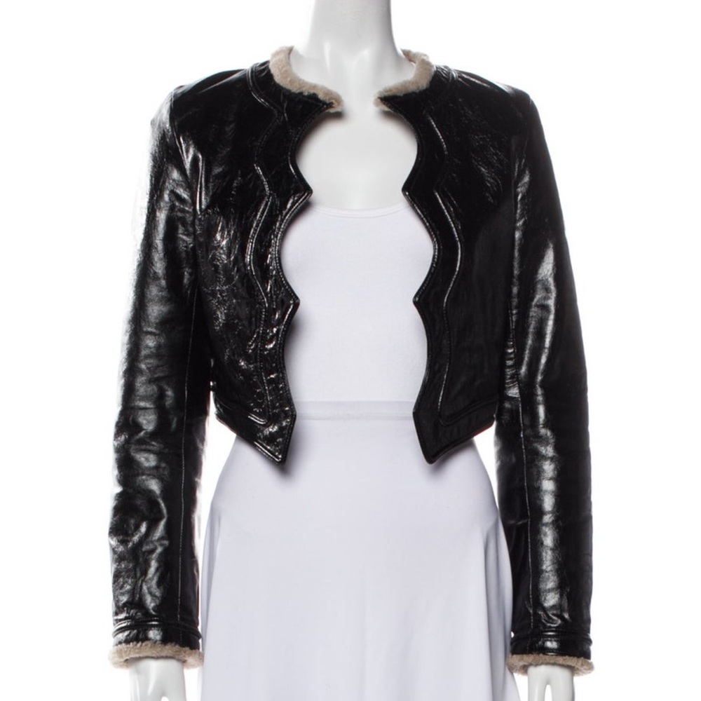 Yves Saint Laurent Glossy Black Leather Jacket with Fur Trim